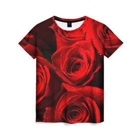 Женская футболка 3D с принтом Розы в Тюмени, 100% полиэфир ( синтетическое хлопкоподобное полотно) | прямой крой, круглый вырез горловины, длина до линии бедер | красная | роза | роса | цветок