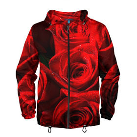Мужская ветровка 3D с принтом Розы в Тюмени, 100% полиэстер | подол и капюшон оформлены резинкой с фиксаторами, два кармана без застежек по бокам, один потайной карман на груди | красная | роза | роса | цветок