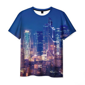Мужская футболка 3D с принтом Ночная Москва в Тюмени, 100% полиэфир | прямой крой, круглый вырез горловины, длина до линии бедер | Тематика изображения на принте: город | москва сити | пейзаж