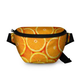 Поясная сумка 3D с принтом Апельсины в Тюмени, 100% полиэстер | плотная ткань, ремень с регулируемой длиной, внутри несколько карманов для мелочей, основное отделение и карман с обратной стороны сумки застегиваются на молнию | апельсин | долька | цитрус