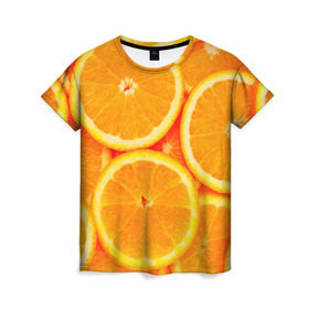 Женская футболка 3D с принтом Апельсины в Тюмени, 100% полиэфир ( синтетическое хлопкоподобное полотно) | прямой крой, круглый вырез горловины, длина до линии бедер | апельсин | долька | цитрус