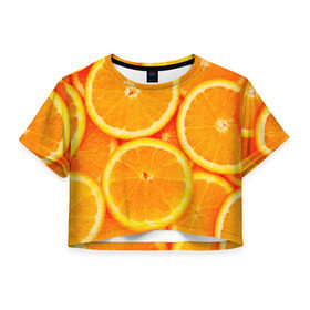 Женская футболка 3D укороченная с принтом Апельсины в Тюмени, 100% полиэстер | круглая горловина, длина футболки до линии талии, рукава с отворотами | апельсин | долька | цитрус