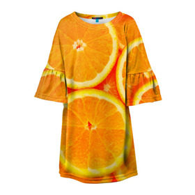 Детское платье 3D с принтом Апельсины в Тюмени, 100% полиэстер | прямой силуэт, чуть расширенный к низу. Круглая горловина, на рукавах — воланы | Тематика изображения на принте: апельсин | долька | цитрус