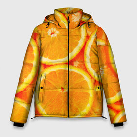Мужская зимняя куртка 3D с принтом Апельсины в Тюмени, верх — 100% полиэстер; подкладка — 100% полиэстер; утеплитель — 100% полиэстер | длина ниже бедра, свободный силуэт Оверсайз. Есть воротник-стойка, отстегивающийся капюшон и ветрозащитная планка. 

Боковые карманы с листочкой на кнопках и внутренний карман на молнии. | Тематика изображения на принте: апельсин | долька | цитрус