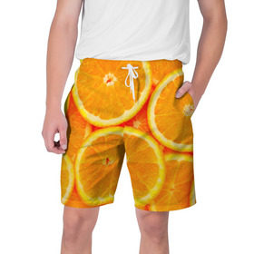 Мужские шорты 3D с принтом Апельсины в Тюмени,  полиэстер 100% | прямой крой, два кармана без застежек по бокам. Мягкая трикотажная резинка на поясе, внутри которой широкие завязки. Длина чуть выше колен | Тематика изображения на принте: апельсин | долька | цитрус