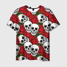 Мужская футболка 3D с принтом Черепа в розах в Тюмени, 100% полиэфир | прямой крой, круглый вырез горловины, длина до линии бедер | music | rock | skull | музыка | рок | череп | черепа