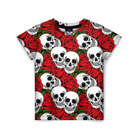 Детская футболка 3D с принтом Черепа в розах в Тюмени, 100% гипоаллергенный полиэфир | прямой крой, круглый вырез горловины, длина до линии бедер, чуть спущенное плечо, ткань немного тянется | music | rock | skull | музыка | рок | череп | черепа