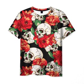 Мужская футболка 3D с принтом Черепки и розы в Тюмени, 100% полиэфир | прямой крой, круглый вырез горловины, длина до линии бедер | Тематика изображения на принте: music | rock | skull | музыка | рок | череп | черепа