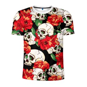 Мужская футболка 3D спортивная с принтом Черепки и розы в Тюмени, 100% полиэстер с улучшенными характеристиками | приталенный силуэт, круглая горловина, широкие плечи, сужается к линии бедра | music | rock | skull | музыка | рок | череп | черепа