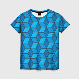 Женская футболка 3D с принтом Blue cube в Тюмени, 100% полиэфир ( синтетическое хлопкоподобное полотно) | прямой крой, круглый вырез горловины, длина до линии бедер | Тематика изображения на принте: кубы | паттерн | синий