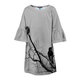 Детское платье 3D с принтом Вороны на ветке в Тюмени, 100% полиэстер | прямой силуэт, чуть расширенный к низу. Круглая горловина, на рукавах — воланы | Тематика изображения на принте: ветки | вороны | дерево