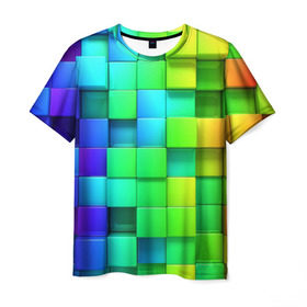Мужская футболка 3D с принтом Кубики в Тюмени, 100% полиэфир | прямой крой, круглый вырез горловины, длина до линии бедер | квадраты | кубики | радуга | разноцветные