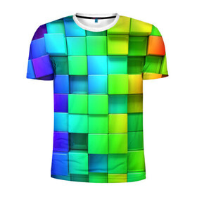 Мужская футболка 3D спортивная с принтом Кубики в Тюмени, 100% полиэстер с улучшенными характеристиками | приталенный силуэт, круглая горловина, широкие плечи, сужается к линии бедра | Тематика изображения на принте: квадраты | кубики | радуга | разноцветные