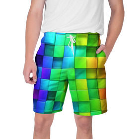 Мужские шорты 3D с принтом Кубики в Тюмени,  полиэстер 100% | прямой крой, два кармана без застежек по бокам. Мягкая трикотажная резинка на поясе, внутри которой широкие завязки. Длина чуть выше колен | Тематика изображения на принте: квадраты | кубики | радуга | разноцветные