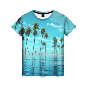 Женская футболка 3D с принтом Фиджи в Тюмени, 100% полиэфир ( синтетическое хлопкоподобное полотно) | прямой крой, круглый вырез горловины, длина до линии бедер | архипелаг | загар | каникулы | королевство | море | остров | отдых | отпуск | пальмы | песок | рай | солнце | тихий океан | туризм | фиджи