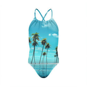 Детский купальник 3D с принтом Фиджи в Тюмени, Полиэстер 85%, Спандекс 15% | Слитный крой, подклад по переду изделия, узкие бретели | Тематика изображения на принте: архипелаг | загар | каникулы | королевство | море | остров | отдых | отпуск | пальмы | песок | рай | солнце | тихий океан | туризм | фиджи