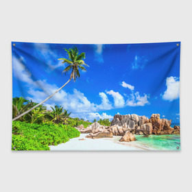 Флаг-баннер с принтом Сейшельские острова в Тюмени, 100% полиэстер | размер 67 х 109 см, плотность ткани — 95 г/м2; по краям флага есть четыре люверса для крепления | seychelles | восточная африка | индийский океан | каникулы | море | островное государство | отдых | отпуск | пальмы | песок | пляж | приключение | путешествие | рай | сейшелы | сейшельские острова | туризм