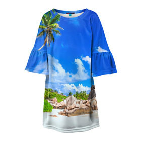 Детское платье 3D с принтом Сейшельские острова в Тюмени, 100% полиэстер | прямой силуэт, чуть расширенный к низу. Круглая горловина, на рукавах — воланы | Тематика изображения на принте: seychelles | восточная африка | индийский океан | каникулы | море | островное государство | отдых | отпуск | пальмы | песок | пляж | приключение | путешествие | рай | сейшелы | сейшельские острова | туризм