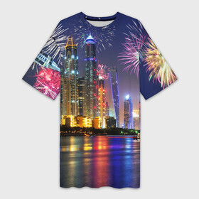 Платье-футболка 3D с принтом Салют в Дубае в Тюмени,  |  | dubai | абу даби | арабские эмираты | ближний восток | богатство | бурдж халифа | дубай | изобилие | каникулы | мегаполис | нефть | оаэ | отпуск | персидский залив | праздник | роскошь | салют