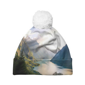 Шапка 3D c помпоном с принтом Горное озеро в Тюмени, 100% полиэстер | универсальный размер, печать по всей поверхности изделия | Тематика изображения на принте: горы | лес | небо | озеро
