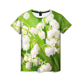 Женская футболка 3D с принтом Ландыши в Тюмени, 100% полиэфир ( синтетическое хлопкоподобное полотно) | прямой крой, круглый вырез горловины, длина до линии бедер | весна | ландыш | цветок