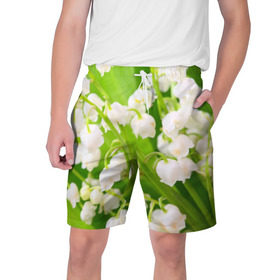 Мужские шорты 3D с принтом Ландыши в Тюмени,  полиэстер 100% | прямой крой, два кармана без застежек по бокам. Мягкая трикотажная резинка на поясе, внутри которой широкие завязки. Длина чуть выше колен | весна | ландыш | цветок