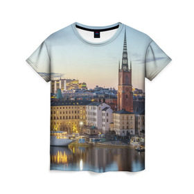Женская футболка 3D с принтом Швеция в Тюмени, 100% полиэфир ( синтетическое хлопкоподобное полотно) | прямой крой, круглый вырез горловины, длина до линии бедер | europe | stockholm | sweden | европа | ес | каникулы | отпуск | стокгольм | туризм | швеция