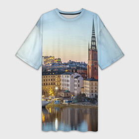 Платье-футболка 3D с принтом Швеция в Тюмени,  |  | europe | stockholm | sweden | европа | ес | каникулы | отпуск | стокгольм | туризм | швеция