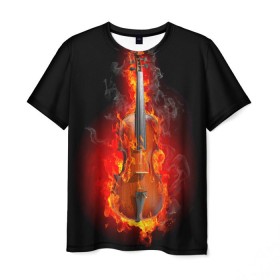 Мужская футболка 3D с принтом Скрипка в Тюмени, 100% полиэфир | прямой крой, круглый вырез горловины, длина до линии бедер | Тематика изображения на принте: креатив | музыка | огонь | пламя | скрипка | черная