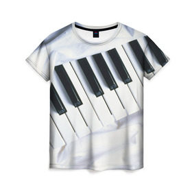 Женская футболка 3D с принтом Клавиши в Тюмени, 100% полиэфир ( синтетическое хлопкоподобное полотно) | прямой крой, круглый вырез горловины, длина до линии бедер | белая | клавиши | музыка | пианино | черная