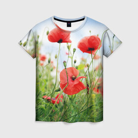Женская футболка 3D с принтом Дикий мак в Тюмени, 100% полиэфир ( синтетическое хлопкоподобное полотно) | прямой крой, круглый вырез горловины, длина до линии бедер | зелень | лето | луг | лужайка | мак | небо | облака | поле | полевые цветы | природа | растения | растительность