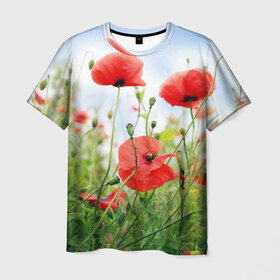 Мужская футболка 3D с принтом Дикий мак в Тюмени, 100% полиэфир | прямой крой, круглый вырез горловины, длина до линии бедер | зелень | лето | луг | лужайка | мак | небо | облака | поле | полевые цветы | природа | растения | растительность