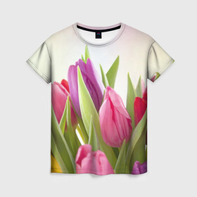 Женская футболка 3D с принтом Тюльпаны в Тюмени, 100% полиэфир ( синтетическое хлопкоподобное полотно) | прямой крой, круглый вырез горловины, длина до линии бедер | 8 марта | аромат | букет | вазон | великолепие | дача | девушки | женщины | краски | красота | куст | лужайка | милые цветы | огород | палитра | прелесть | радуга | растение | тюльпаны