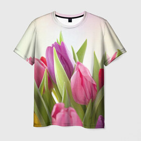 Мужская футболка 3D с принтом Тюльпаны в Тюмени, 100% полиэфир | прямой крой, круглый вырез горловины, длина до линии бедер | 8 марта | аромат | букет | вазон | великолепие | дача | девушки | женщины | краски | красота | куст | лужайка | милые цветы | огород | палитра | прелесть | радуга | растение | тюльпаны