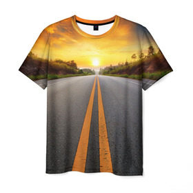 Мужская футболка 3D с принтом Дорога в закат в Тюмени, 100% полиэфир | прямой крой, круглый вырез горловины, длина до линии бедер | автобус | автостоп | будущее | движение | дорога | закат | заря | маршрут | машина | мотоцикл | небо | приключения | природа | путь | рассвет | солнце | трасса | шоссе