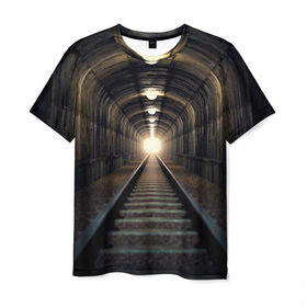 Мужская футболка 3D с принтом Бескрайний тоннель в Тюмени, 100% полиэфир | прямой крой, круглый вырез горловины, длина до линии бедер | железная дорога | иллюзия | коридор | свет в конце тоннеля | тоннель