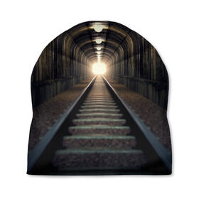 Шапка 3D с принтом Бескрайний тоннель в Тюмени, 100% полиэстер | универсальный размер, печать по всей поверхности изделия | железная дорога | иллюзия | коридор | свет в конце тоннеля | тоннель