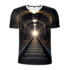 Мужская футболка 3D спортивная с принтом Бескрайний тоннель в Тюмени, 100% полиэстер с улучшенными характеристиками | приталенный силуэт, круглая горловина, широкие плечи, сужается к линии бедра | железная дорога | иллюзия | коридор | свет в конце тоннеля | тоннель
