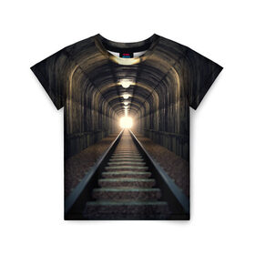 Детская футболка 3D с принтом Бескрайний тоннель в Тюмени, 100% гипоаллергенный полиэфир | прямой крой, круглый вырез горловины, длина до линии бедер, чуть спущенное плечо, ткань немного тянется | Тематика изображения на принте: железная дорога | иллюзия | коридор | свет в конце тоннеля | тоннель