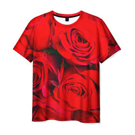 Мужская футболка 3D с принтом Розы в Тюмени, 100% полиэфир | прямой крой, круглый вырез горловины, длина до линии бедер | букет | красная | лепестки | роза | цветы