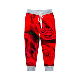 Детские брюки 3D с принтом Розы в Тюмени, 100% полиэстер | манжеты по низу, эластичный пояс регулируется шнурком, по бокам два кармана без застежек, внутренняя часть кармана из мелкой сетки | букет | красная | лепестки | роза | цветы