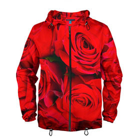 Мужская ветровка 3D с принтом Розы в Тюмени, 100% полиэстер | подол и капюшон оформлены резинкой с фиксаторами, два кармана без застежек по бокам, один потайной карман на груди | Тематика изображения на принте: букет | красная | лепестки | роза | цветы