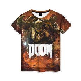 Женская футболка 3D с принтом Doom 4 Hell Cyberdemon в Тюмени, 100% полиэфир ( синтетическое хлопкоподобное полотно) | прямой крой, круглый вырез горловины, длина до линии бедер | Тематика изображения на принте: cyberdemon | demon | doom | hell | дум