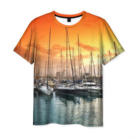 Мужская футболка 3D с принтом Barcelona в Тюмени, 100% полиэфир | прямой крой, круглый вырез горловины, длина до линии бедер | barcelona | spain | барселона | европа | закат | испания | каталония | море | парусник | фрегат | яхта