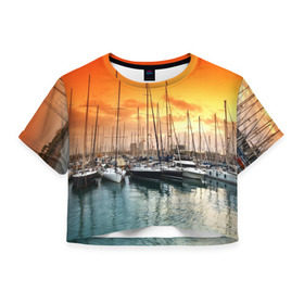 Женская футболка 3D укороченная с принтом Barcelona в Тюмени, 100% полиэстер | круглая горловина, длина футболки до линии талии, рукава с отворотами | barcelona | spain | барселона | европа | закат | испания | каталония | море | парусник | фрегат | яхта