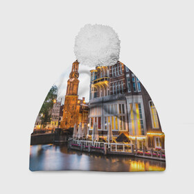 Шапка 3D c помпоном с принтом Амстердам в Тюмени, 100% полиэстер | универсальный размер, печать по всей поверхности изделия | Тематика изображения на принте: нидерланды | пейзаж