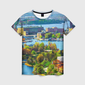 Женская футболка 3D с принтом Швеция в Тюмени, 100% полиэфир ( синтетическое хлопкоподобное полотно) | прямой крой, круглый вырез горловины, длина до линии бедер | europe | stockholm | sweden | европа | ес | каникулы | отпуск | стокгольм | туризм | швеция