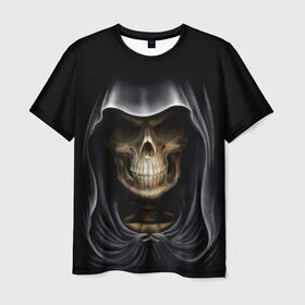 Мужская футболка 3D с принтом Скелет в капюшоне в Тюмени, 100% полиэфир | прямой крой, круглый вырез горловины, длина до линии бедер | 