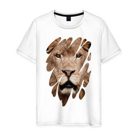 Мужская футболка хлопок с принтом Грозный лев в Тюмени, 100% хлопок | прямой крой, круглый вырез горловины, длина до линии бедер, слегка спущенное плечо. | Тематика изображения на принте: leo | lion | власть | вырез | дикая кошка | животное | зверь | король джунглей | лев | лик | мощь | мудрость | охотник | сила | след | хищник | царь зверей