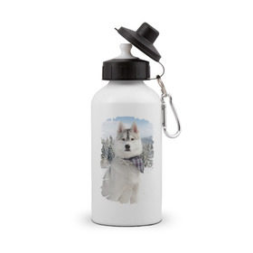 Бутылка спортивная с принтом Волк в зимнем лесу в Тюмени, металл | емкость — 500 мл, в комплекте две пластиковые крышки и карабин для крепления | серый | хаски
